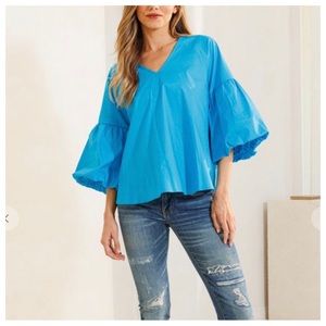 Boho Balloon Sleeve Baby Doll V-neck Solid Top